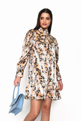 Black Gold Multi Floral High Neck Mini Dress with Gathered Tiers and Sleeves