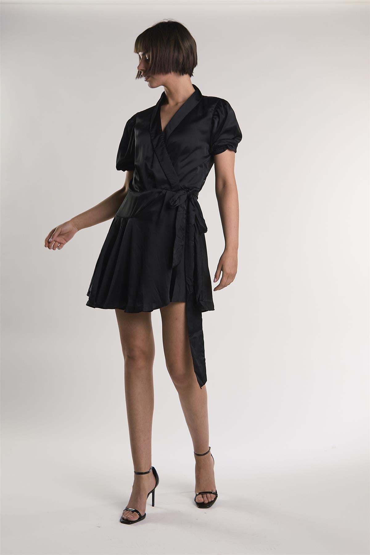 Black-Sateen Crossover-Tie Mini-Dress