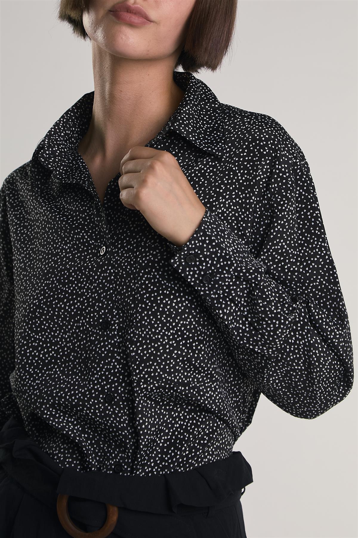Miniature-Heart-Print Button-Front Long Sleeve-Top