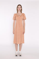 Light Apricot Check Short Sleeve Dress