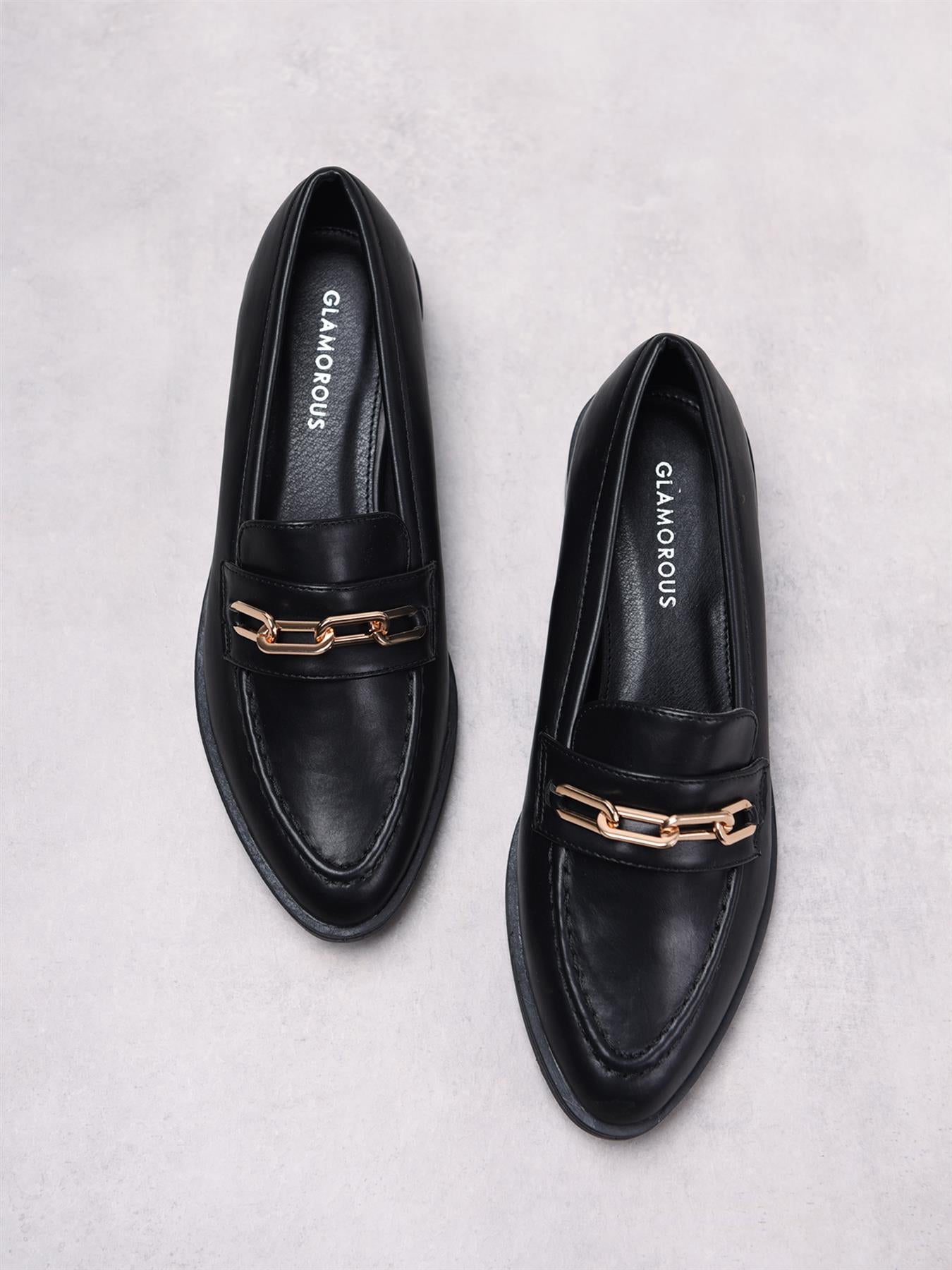 Black PU Gold Chain Detail Loafers