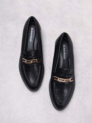 Black PU Gold Chain Detail Loafers