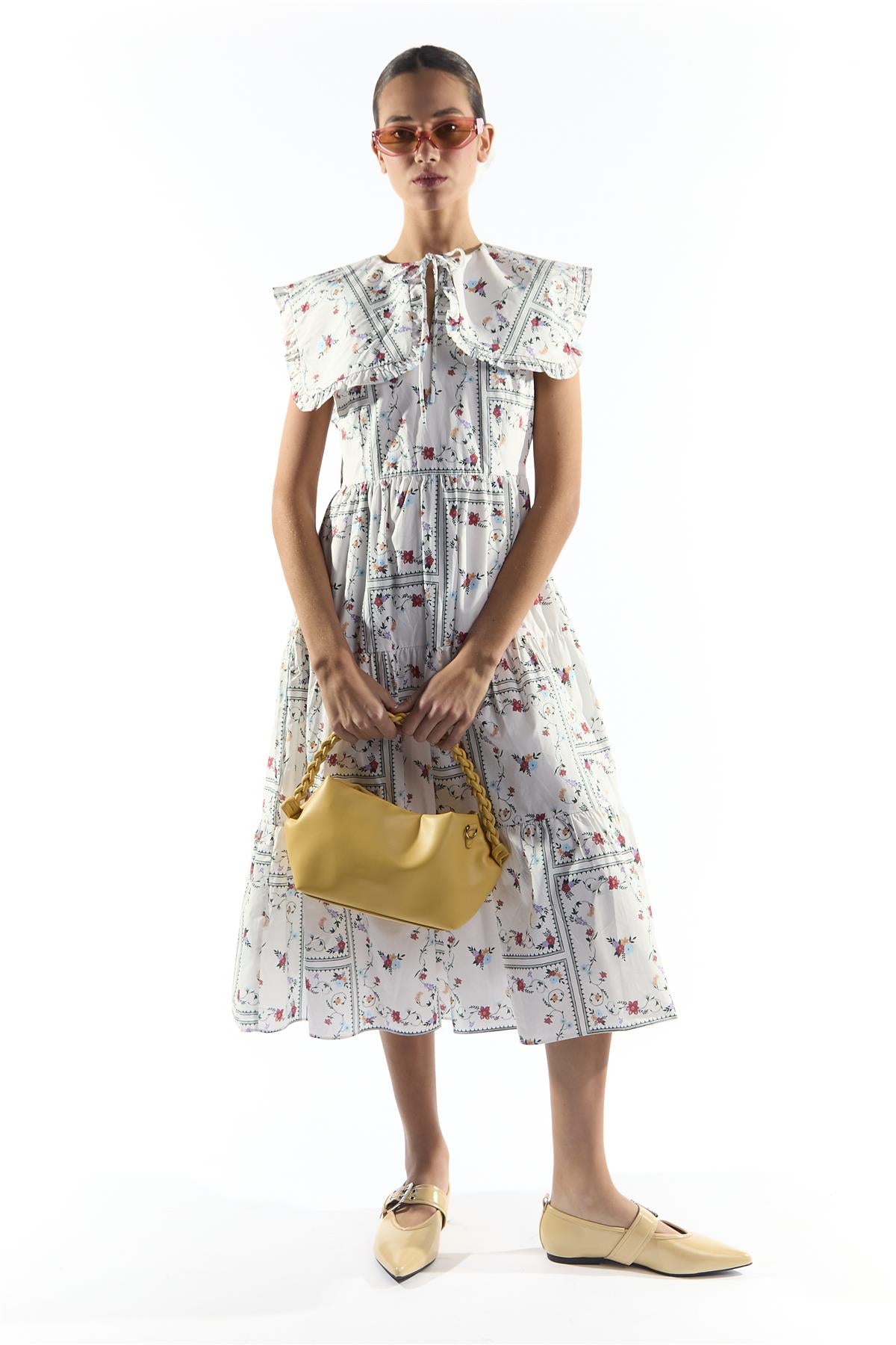 White Picnic Print Oversized Collar Tiered Midi Dress