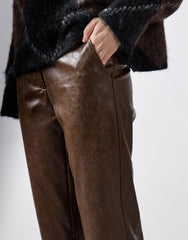 Brown Pu Straight Leg Cropped Trousers