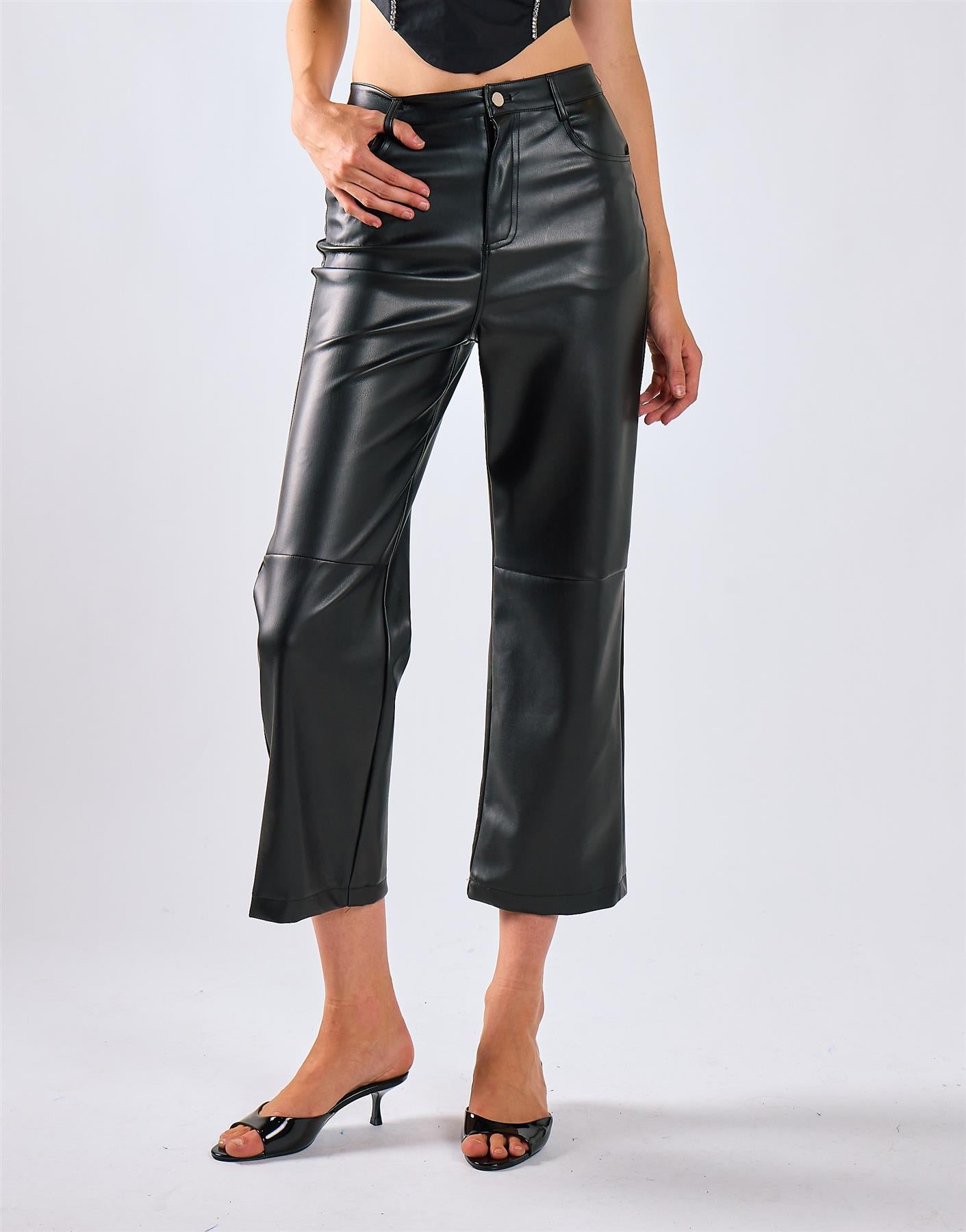 Black Pu Straight Leg Trousers