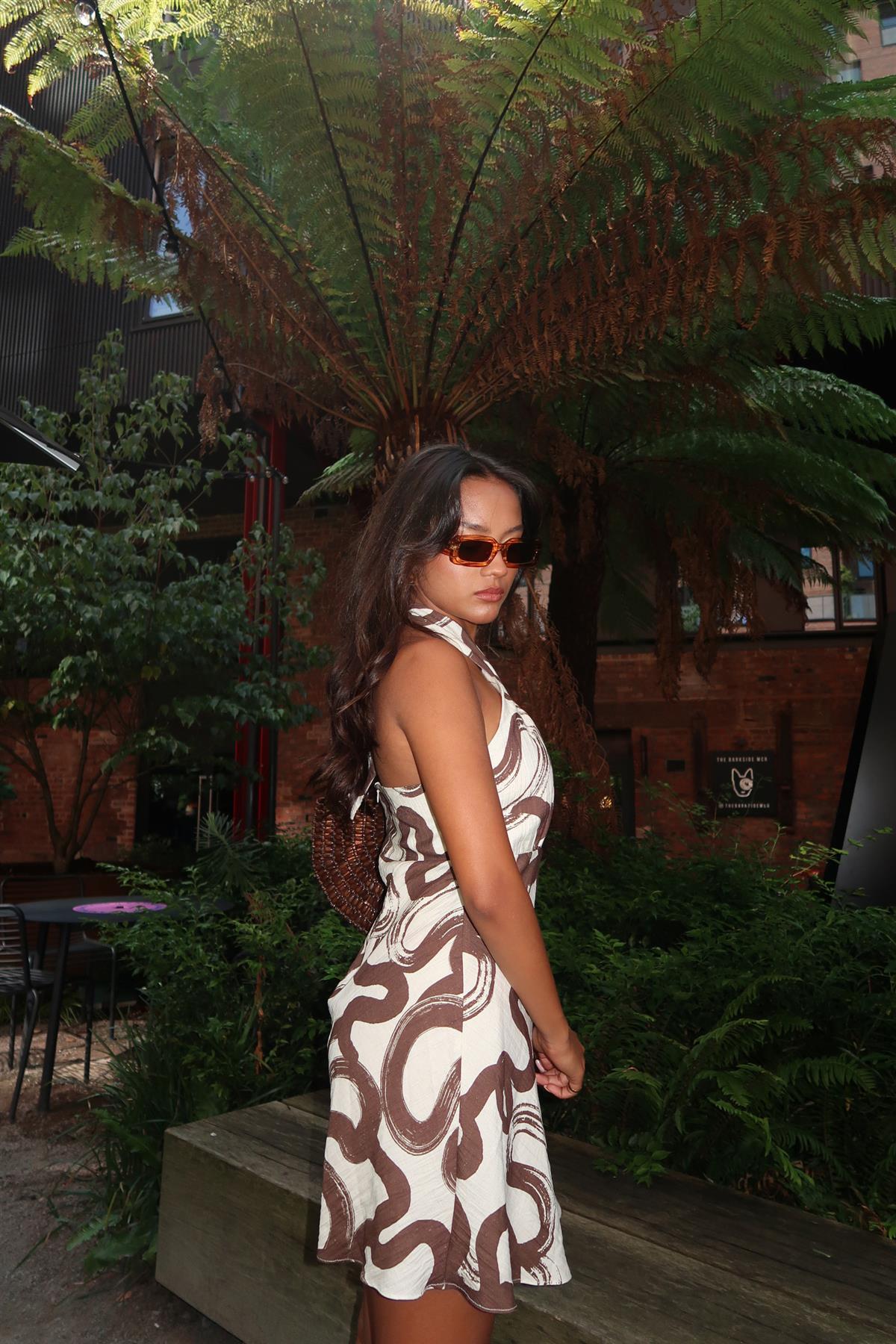 Natural-Brown-Swirl Cross-Halter-Neck Mini-Dress