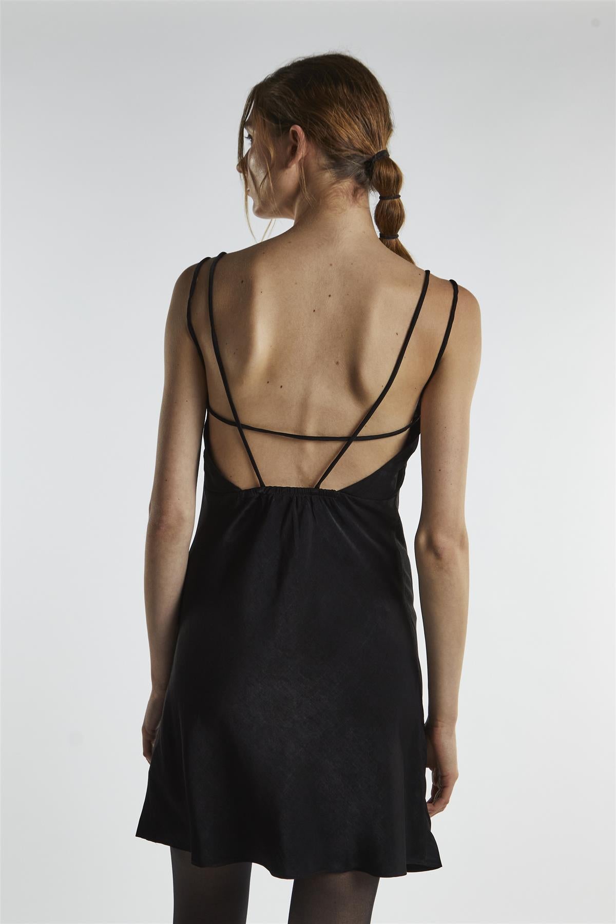 Black Satin Strappy Mini-Dress