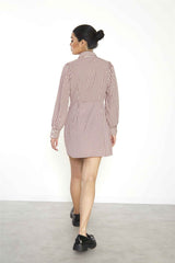 Burgundy Geometric Check Long Sleeve Mini Shirt Dress with Peter Pan Collar