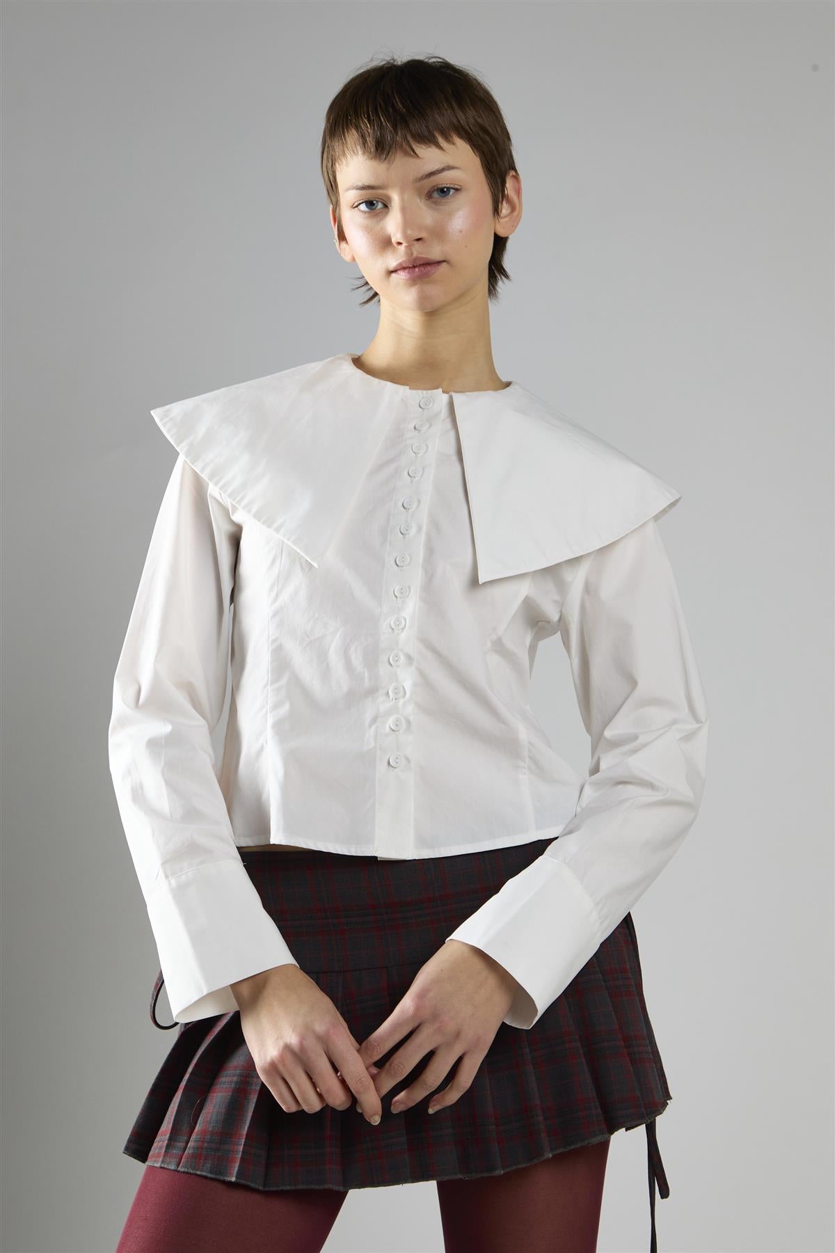 White Button-Front Long Sleeve Top