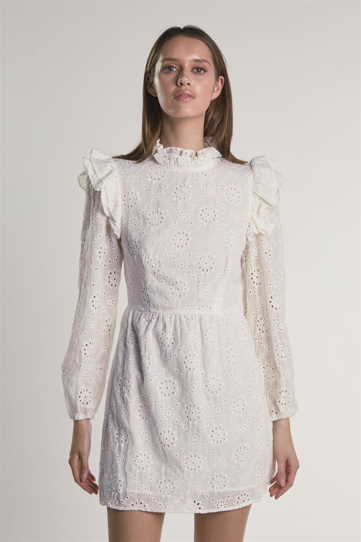 Off-White Eyelet-Ruffle-Trim Mini-Dress