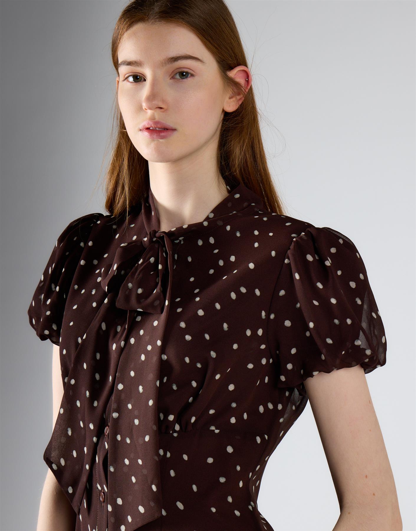 Brown-Cream Spot Tie Neck Midi Dress