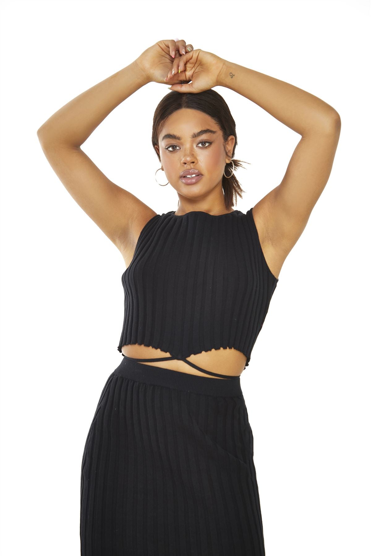 Black Rib Knit Crop top with Waist Tie