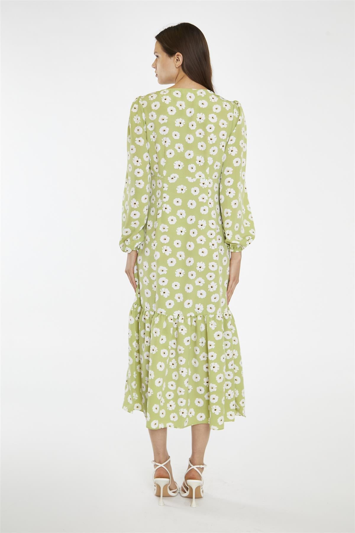 Skater Midi Dress - Olive Green Flower