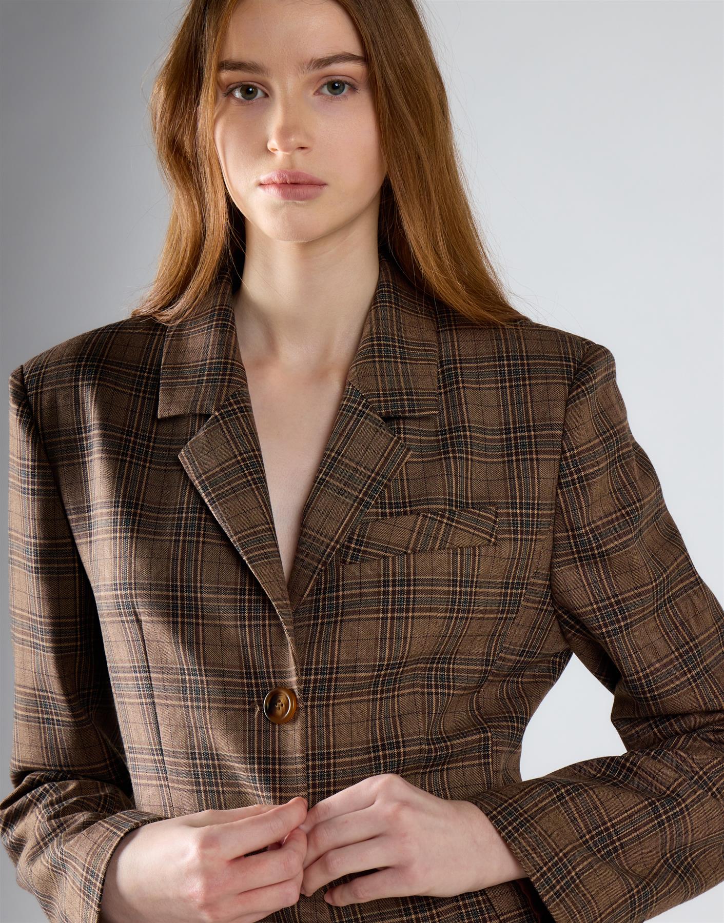 Brown Multi Check Button Front Blazer