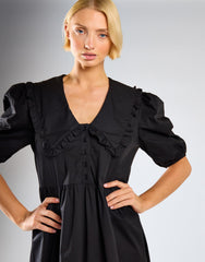 Black V-Neck Ruffle Collar Midi Dress