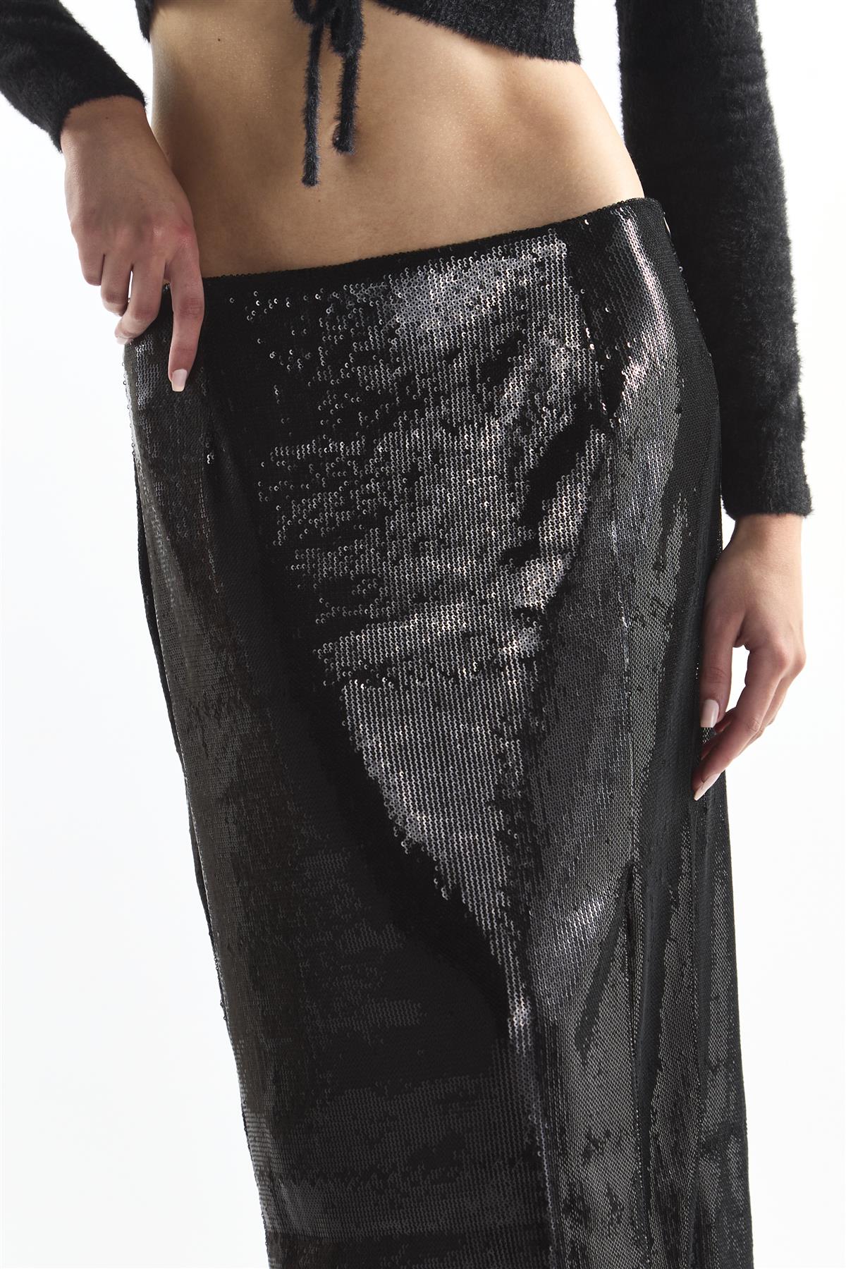 Black Sequin Leg-Split Midi Skirt