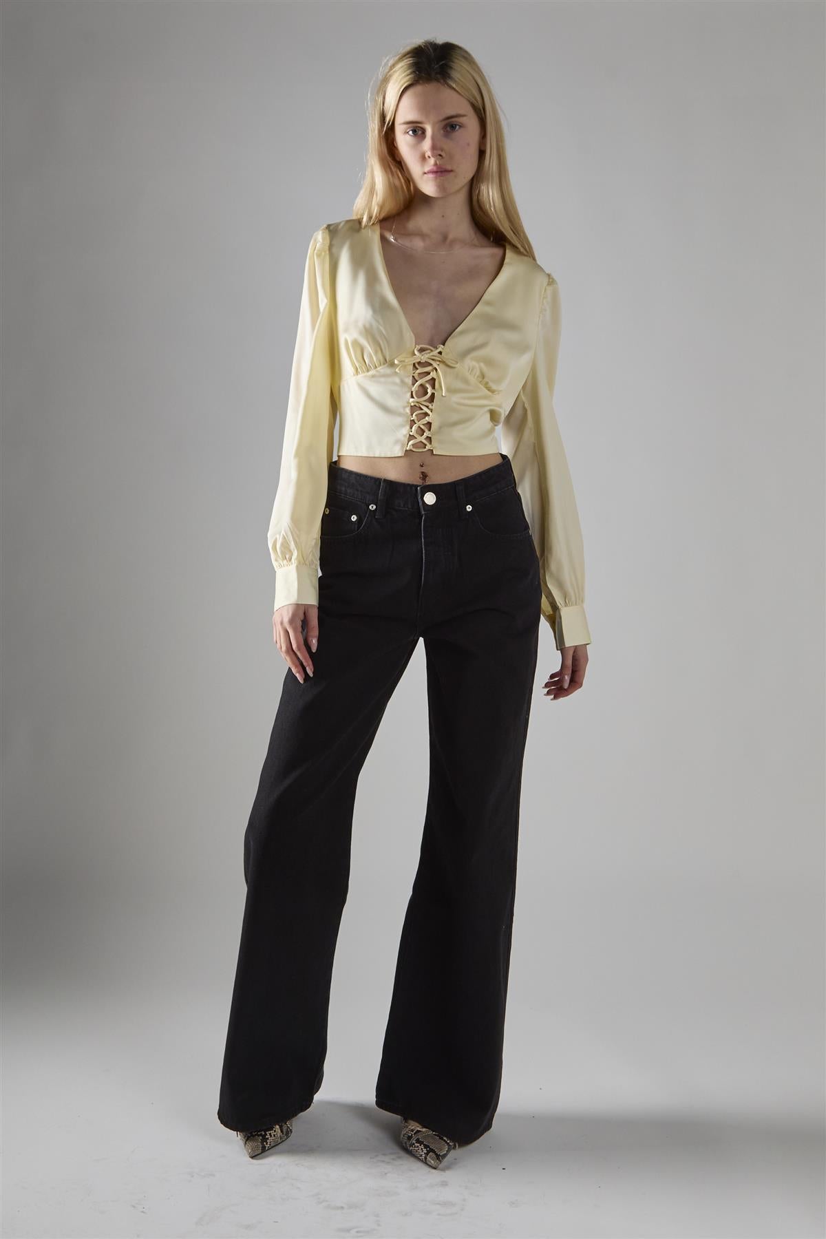 Cream-Sateen Lace-Up-Front Crop-Top