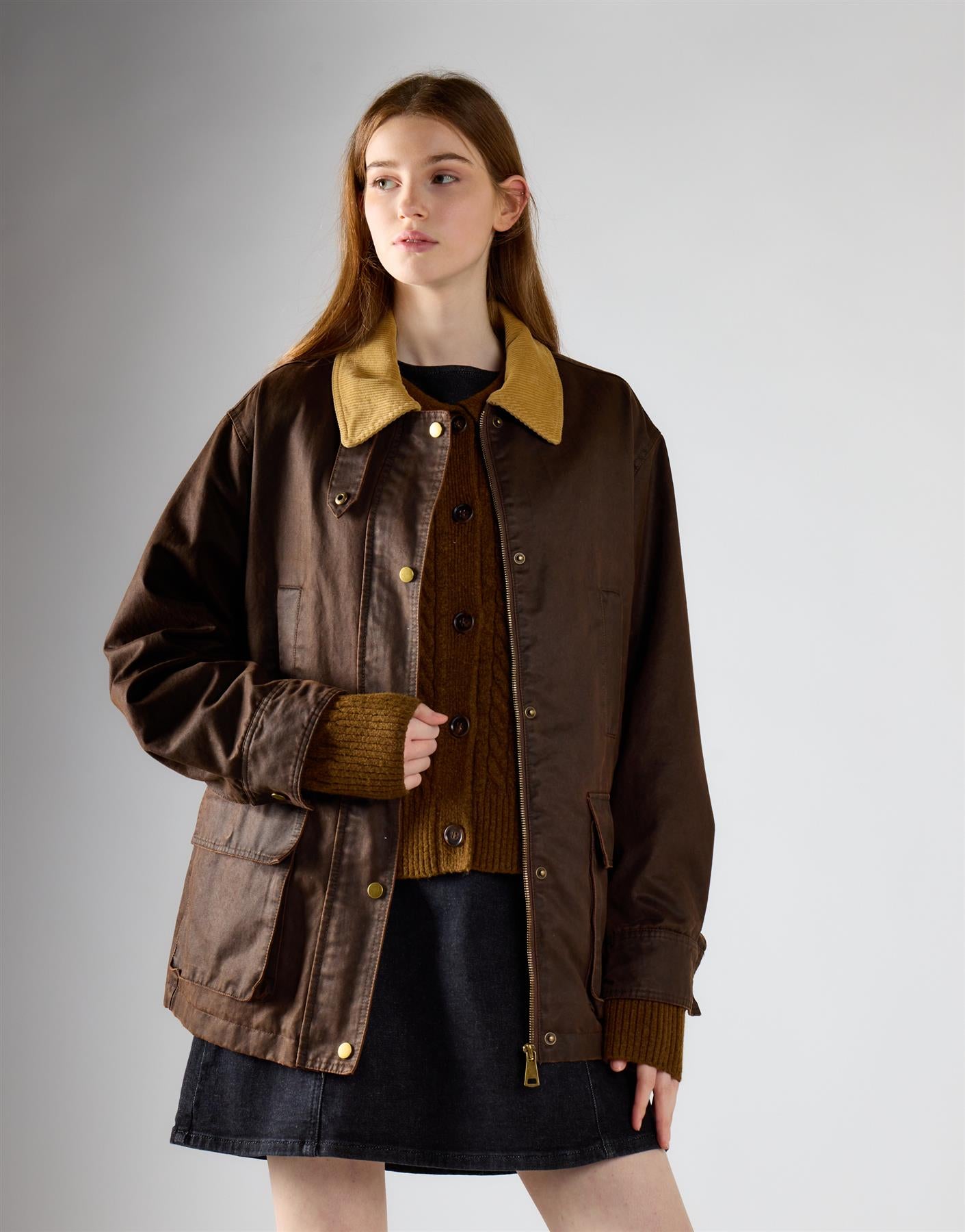 Washed Brown Contrast Collar Jacket