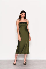 Forest Green Satin Open Tie Back Maxi Dress
