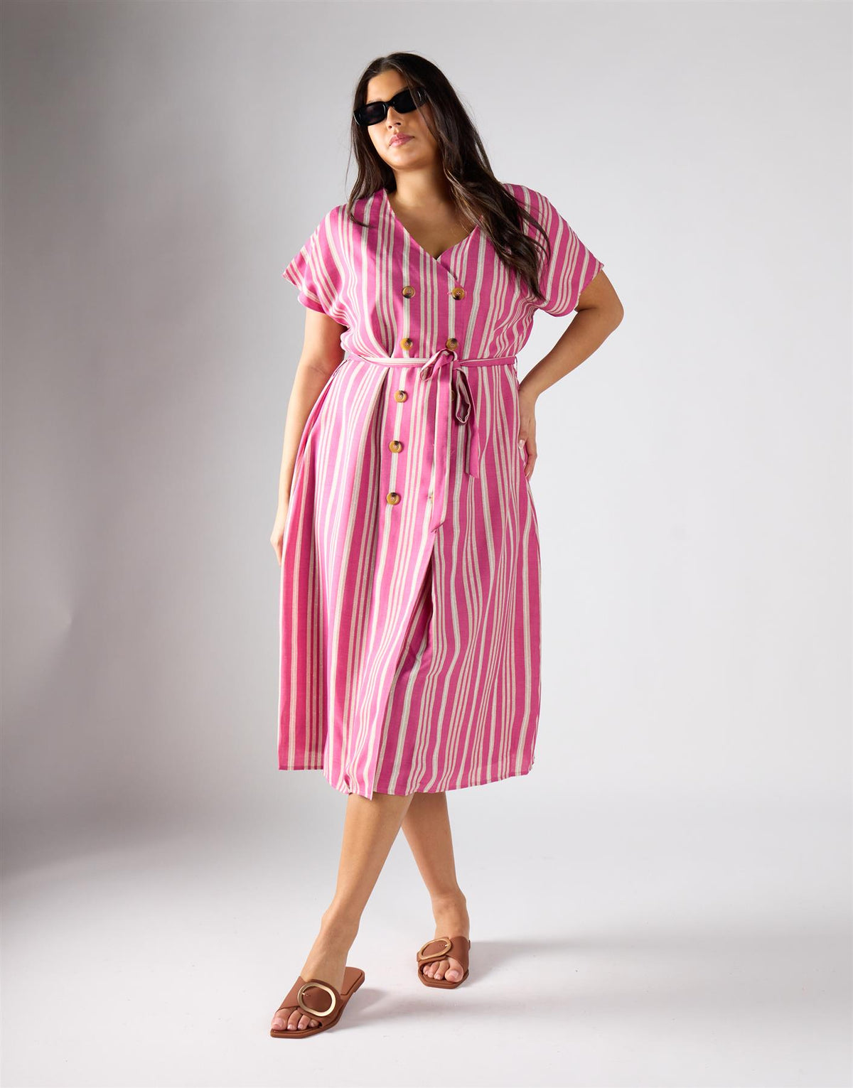 Pink Varied Stripe Wrap Button Front Midi Dress