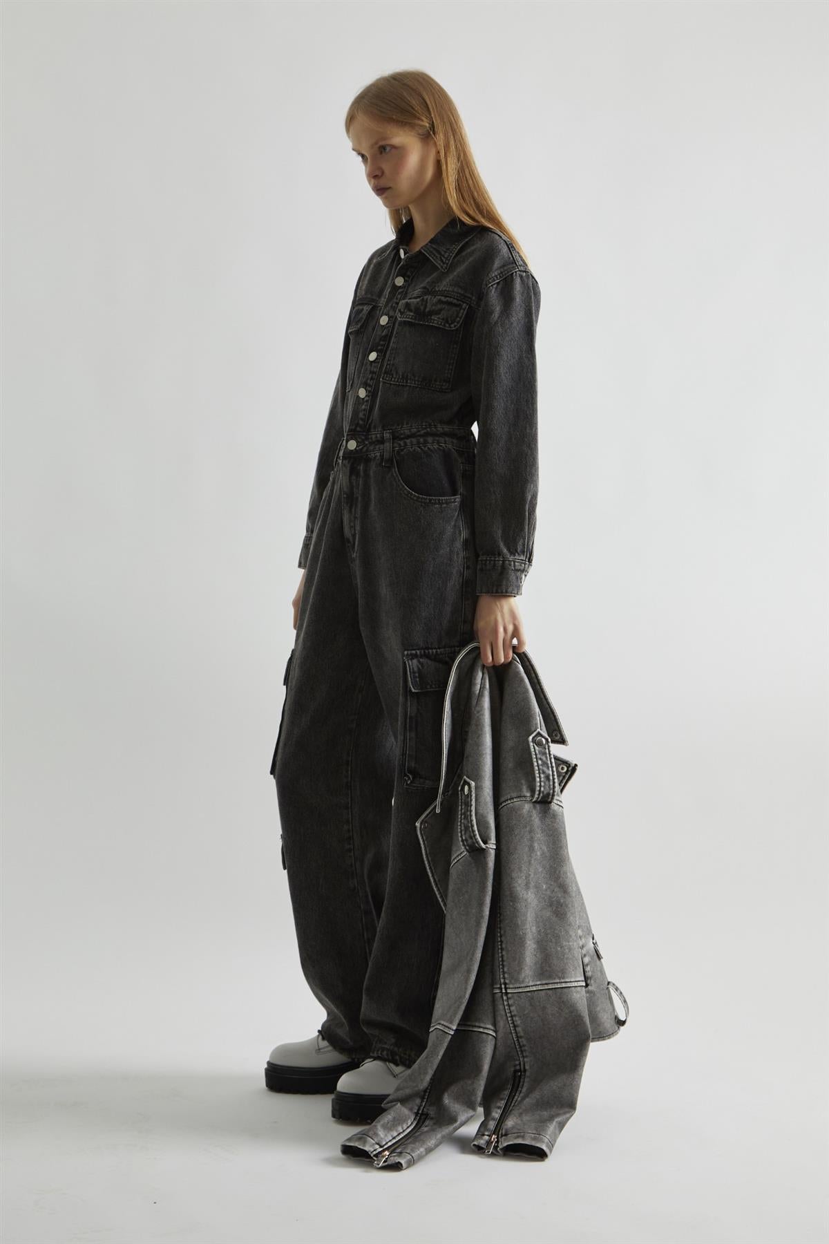 Black Stonewash-Denim Jumpsuit