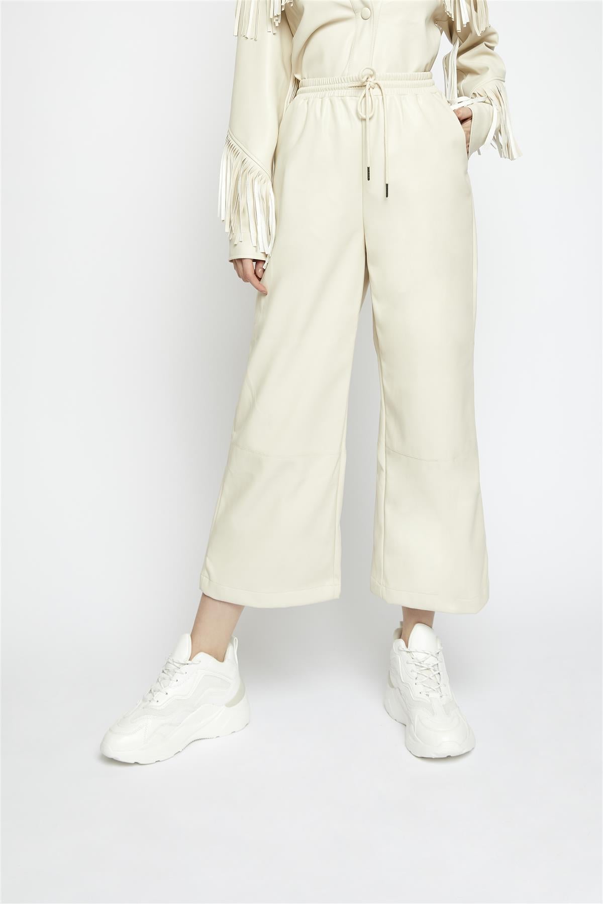 Cream-Pu Wide-Leg-Trousers