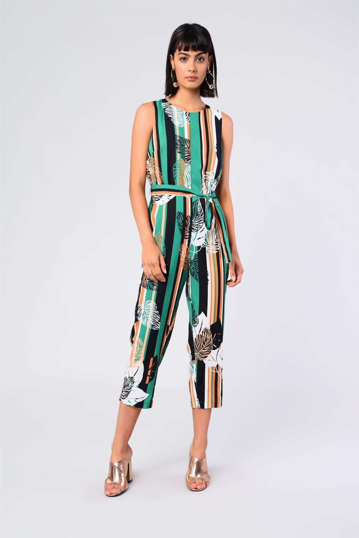 Green-Stripe Leaf Belted Jumpsuit