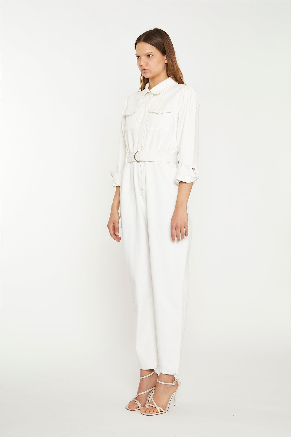 Off White Belted Denim Jumpsuit