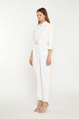 Off White Belted Denim Jumpsuit