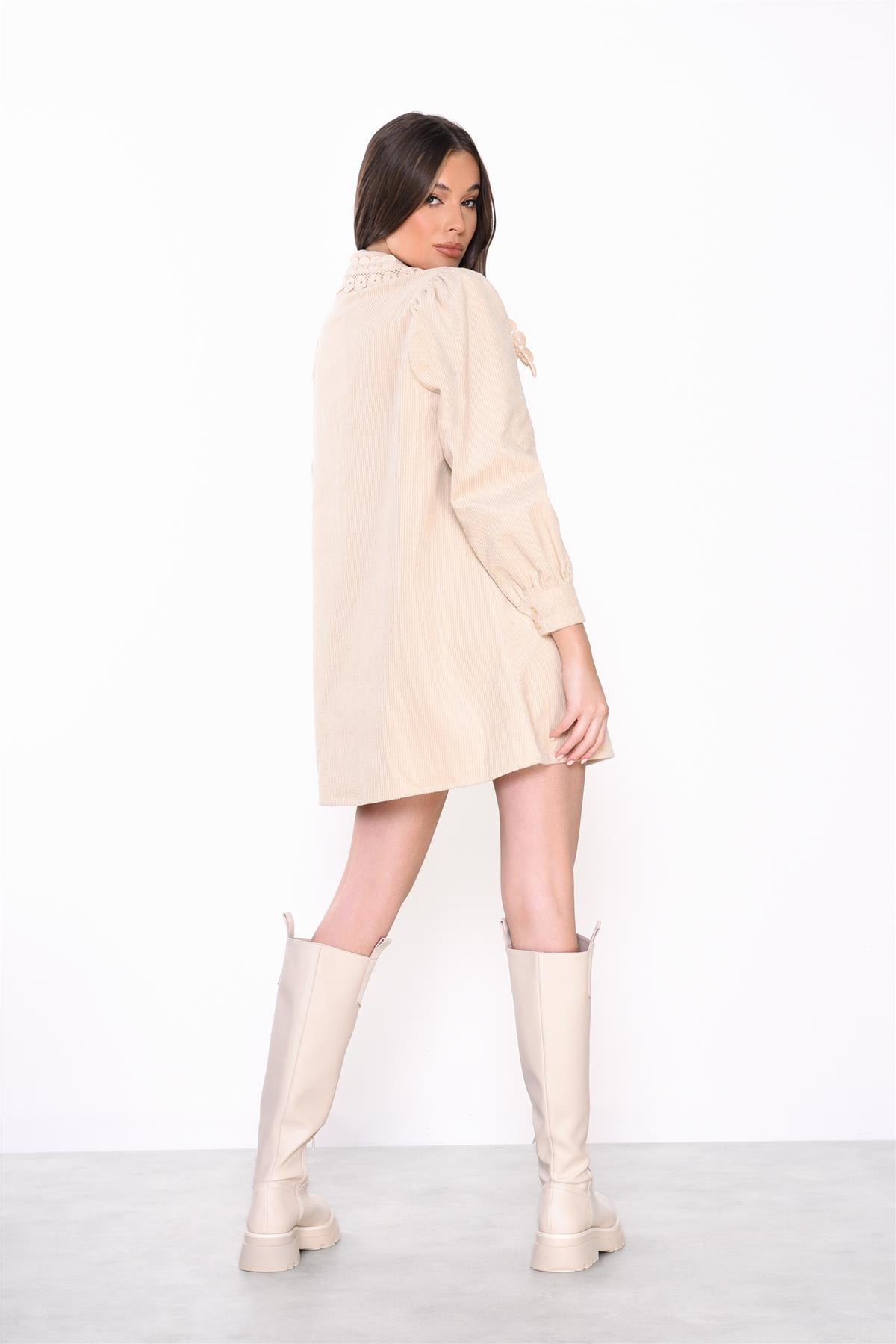 Stone Corduroy Collar Button Front Mini Dress