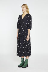 Black Daisy V-Neck Wrap Midi-Dress