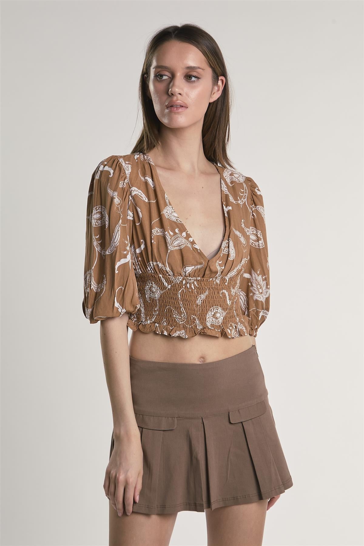 Brown-Paisley Puff-Sleeve V-Neck Crop-Top
