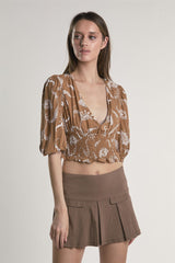 Brown-Paisley Puff-Sleeve V-Neck Crop-Top