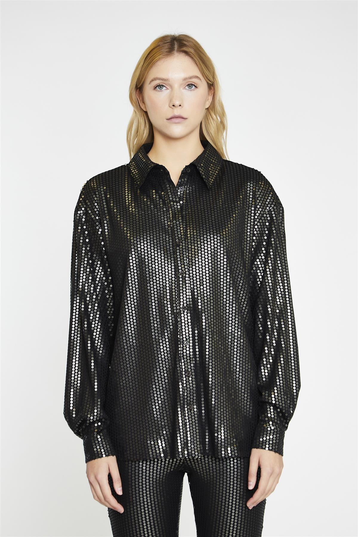 Black-Pewter-Sequin Button-Front Long Sleeve-Shirt