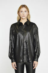Black-Pewter-Sequin Button-Front Long Sleeve-Shirt
