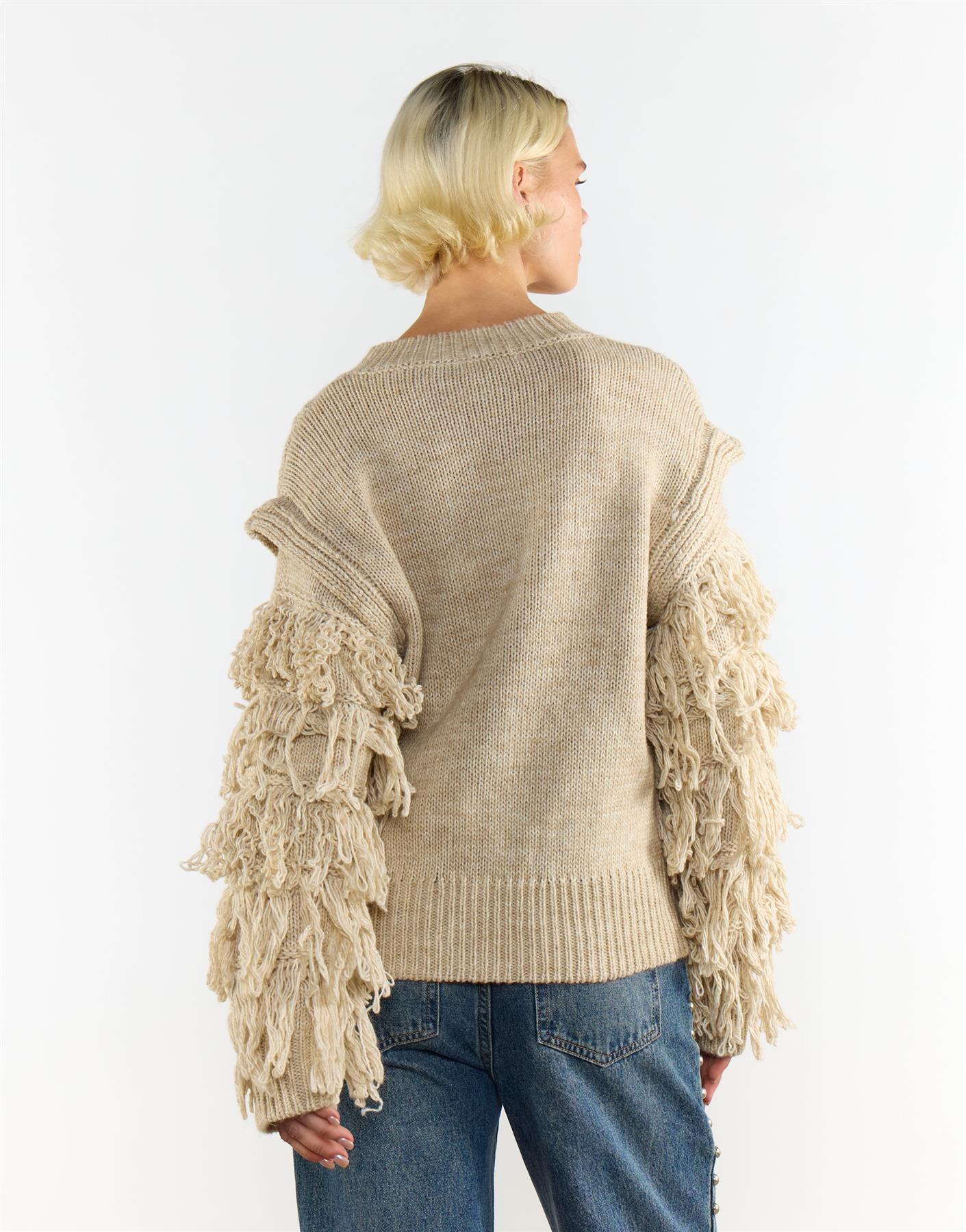 Ecru Marl Fringe Sleeve Cable Knit Jumper