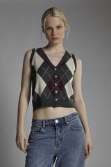 Charcoal-Argyle Button-Front-Vest Crop-Top