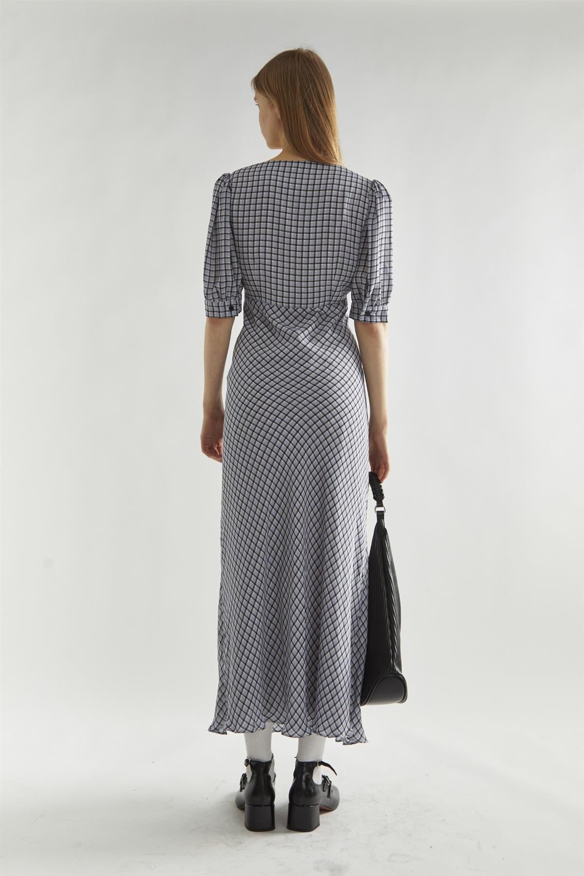Light-Blue Check V-neck Midi Tea-Dress