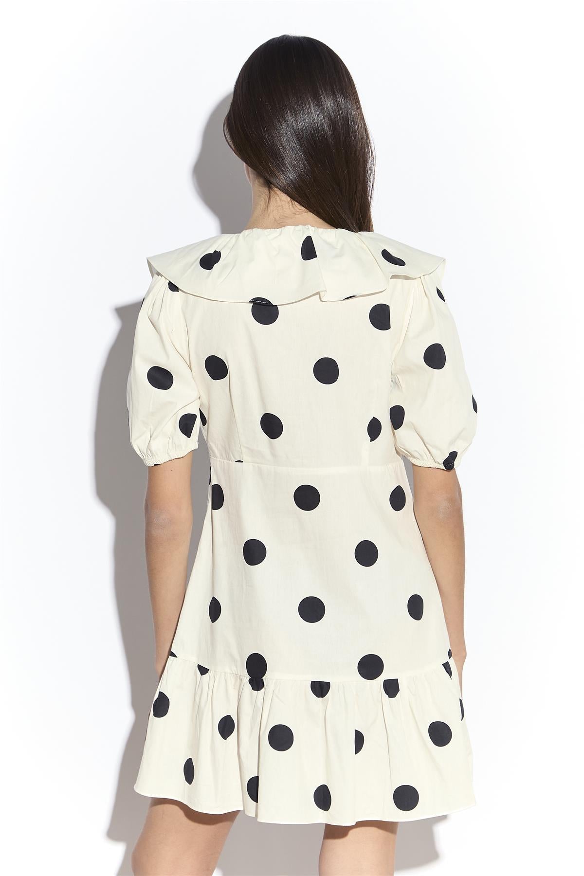 Cream Spot Ruffle Mini Dress with Puff Sleeve