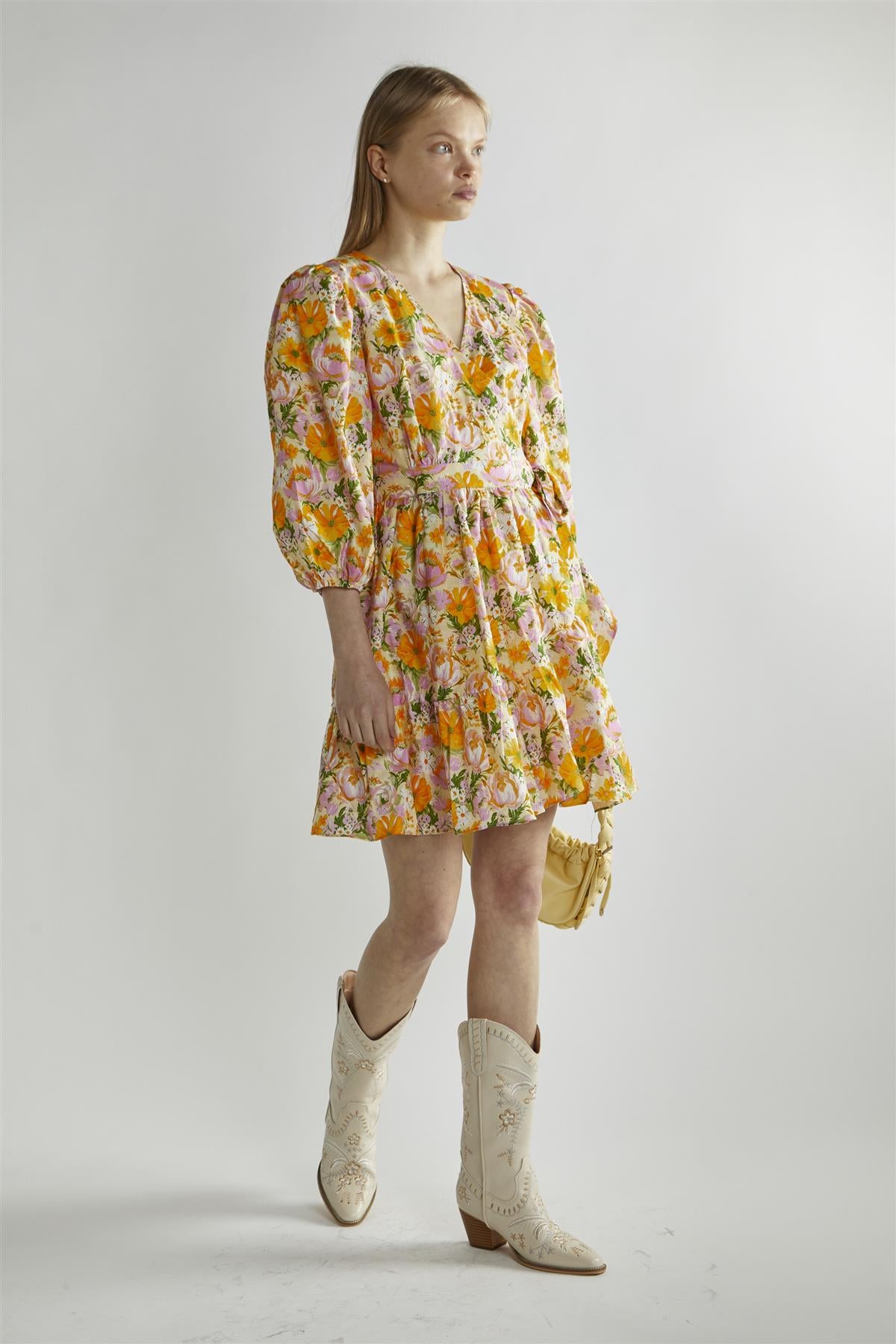 Multi Wallpaper Floral Puff Sleeve Mini Dress