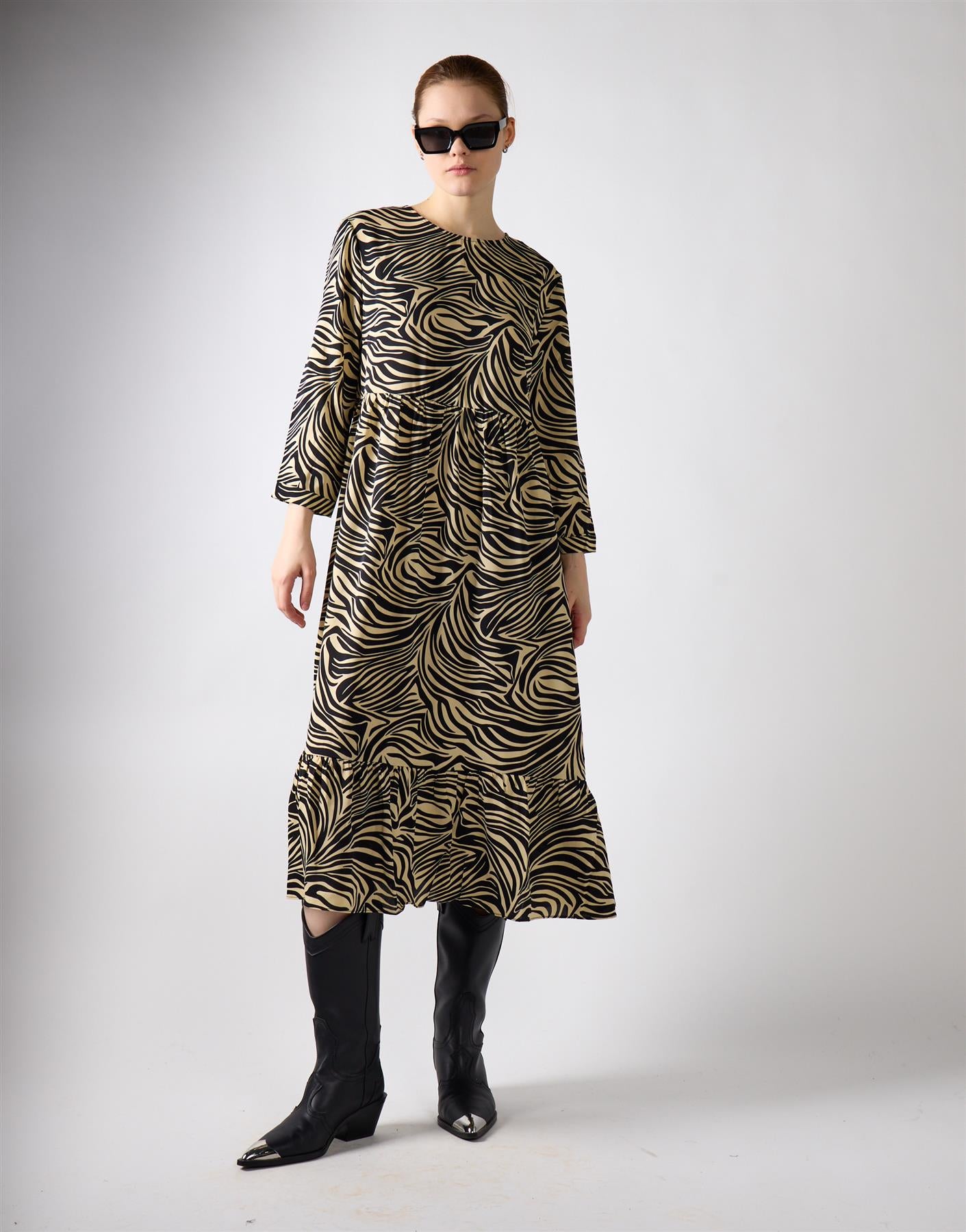 Stone Black Zebra 3/4 Sleeve Midi Dress