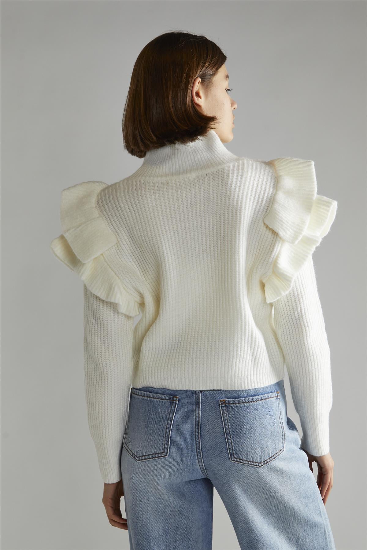 Cream High Neck Jumper with Ruffle Detail