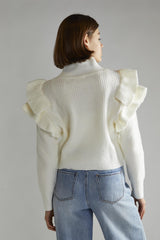 Cream High Neck Jumper with Ruffle Detail