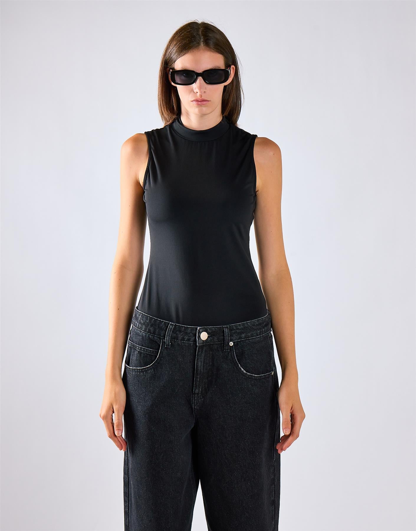 Black Mock Neck Sleeveless Tank Bodysuit