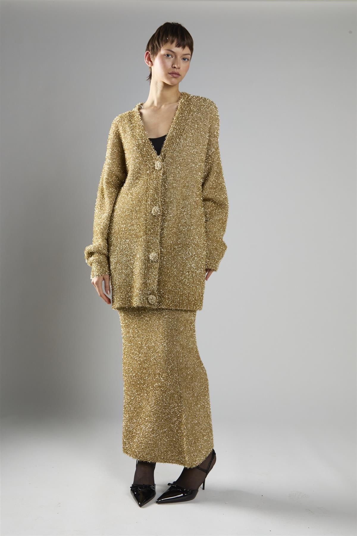Gold-Tinsel Oversized Long Sleeve-Cardigan