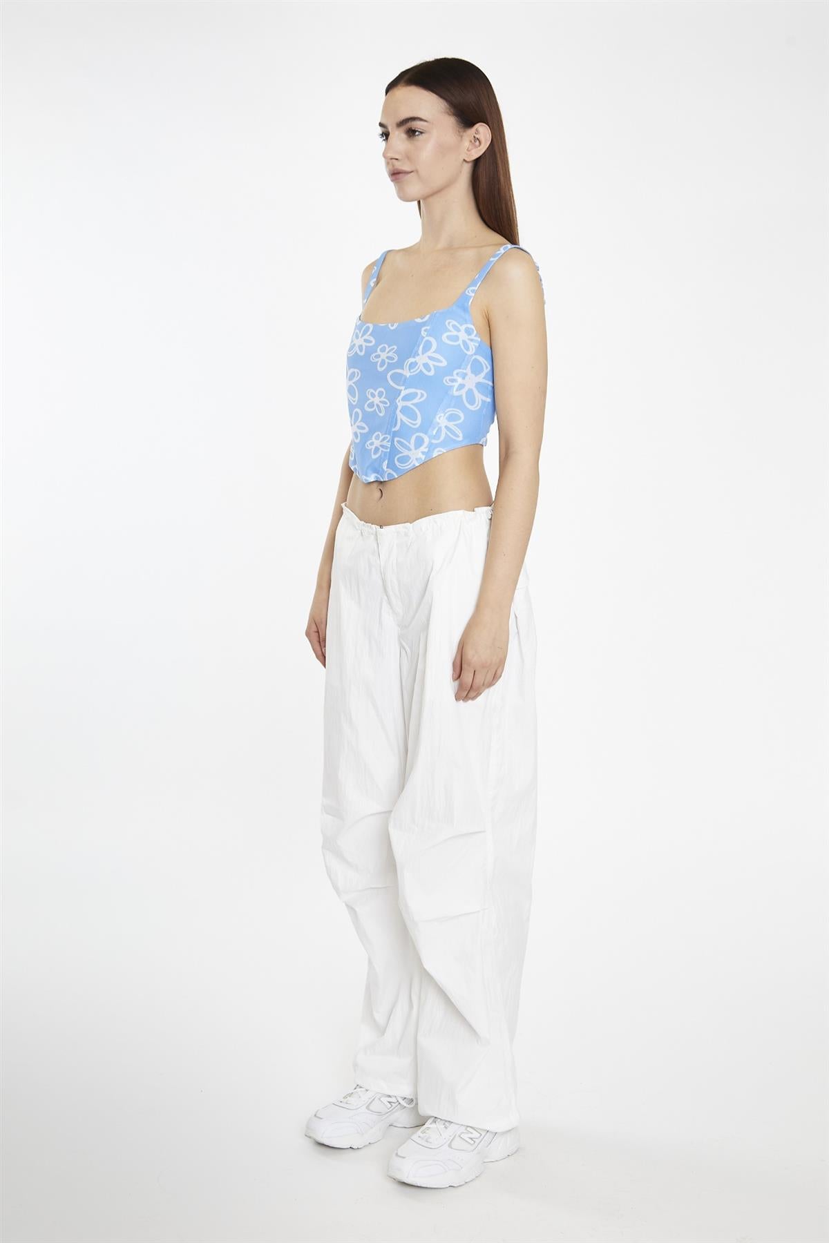 Blue-Scribble-Daisy-Mesh Sleeveless-Corset- Crop-Top