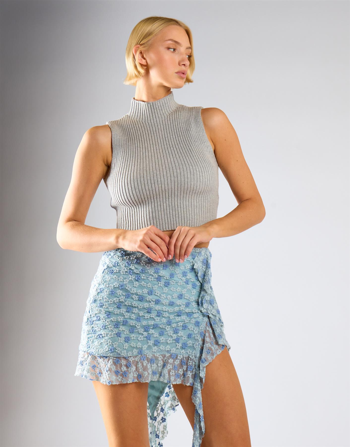 Light Blue Lace Mini Skirt With Frills