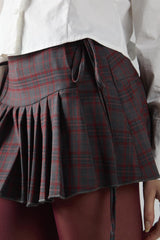 Grey Red Check Pleated Mini Skirt