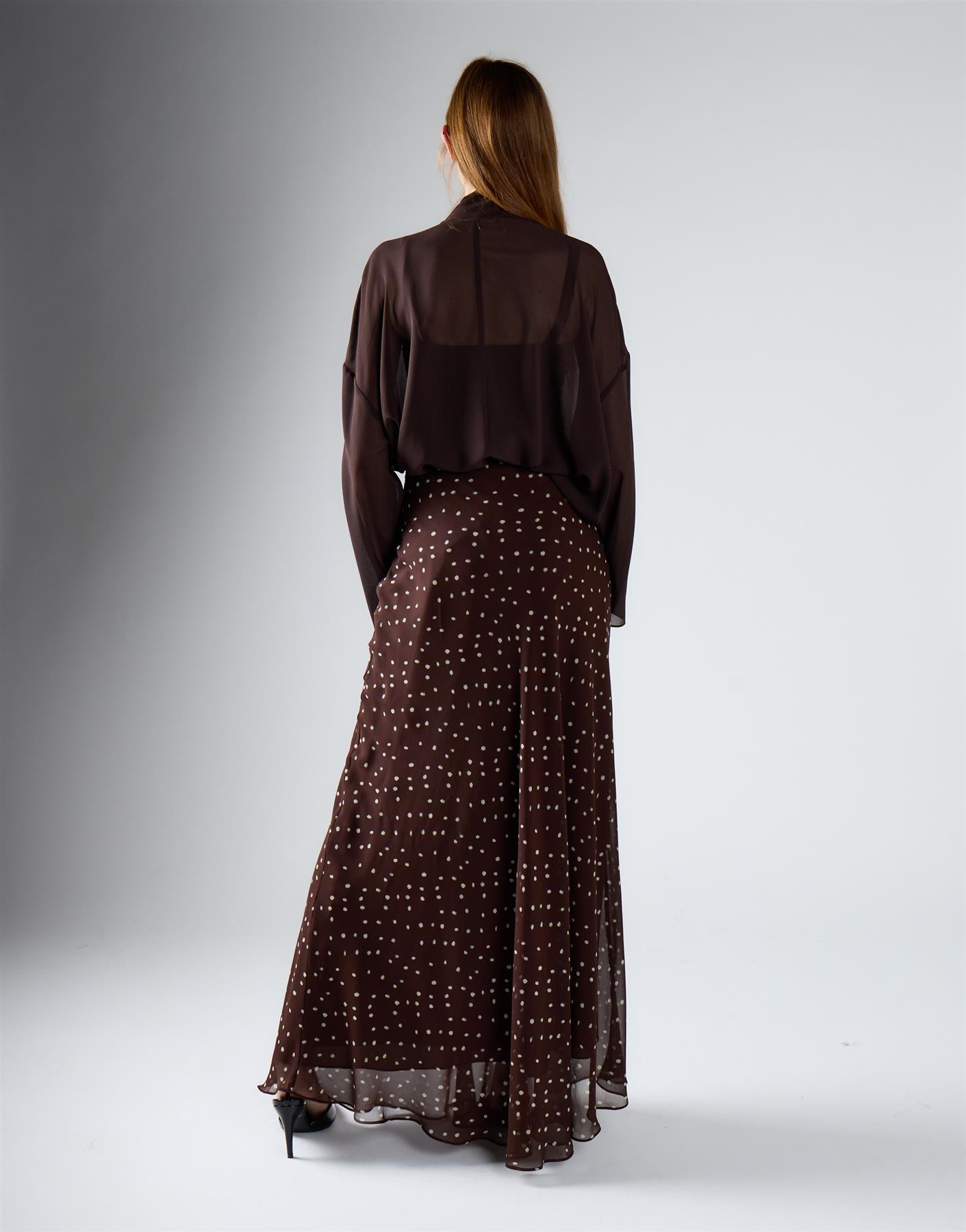 Brown Cream Spot Chiffon Maxi Skirt