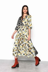 Mono Mustard Floral Wrap Front Tiered Midaxi Dress